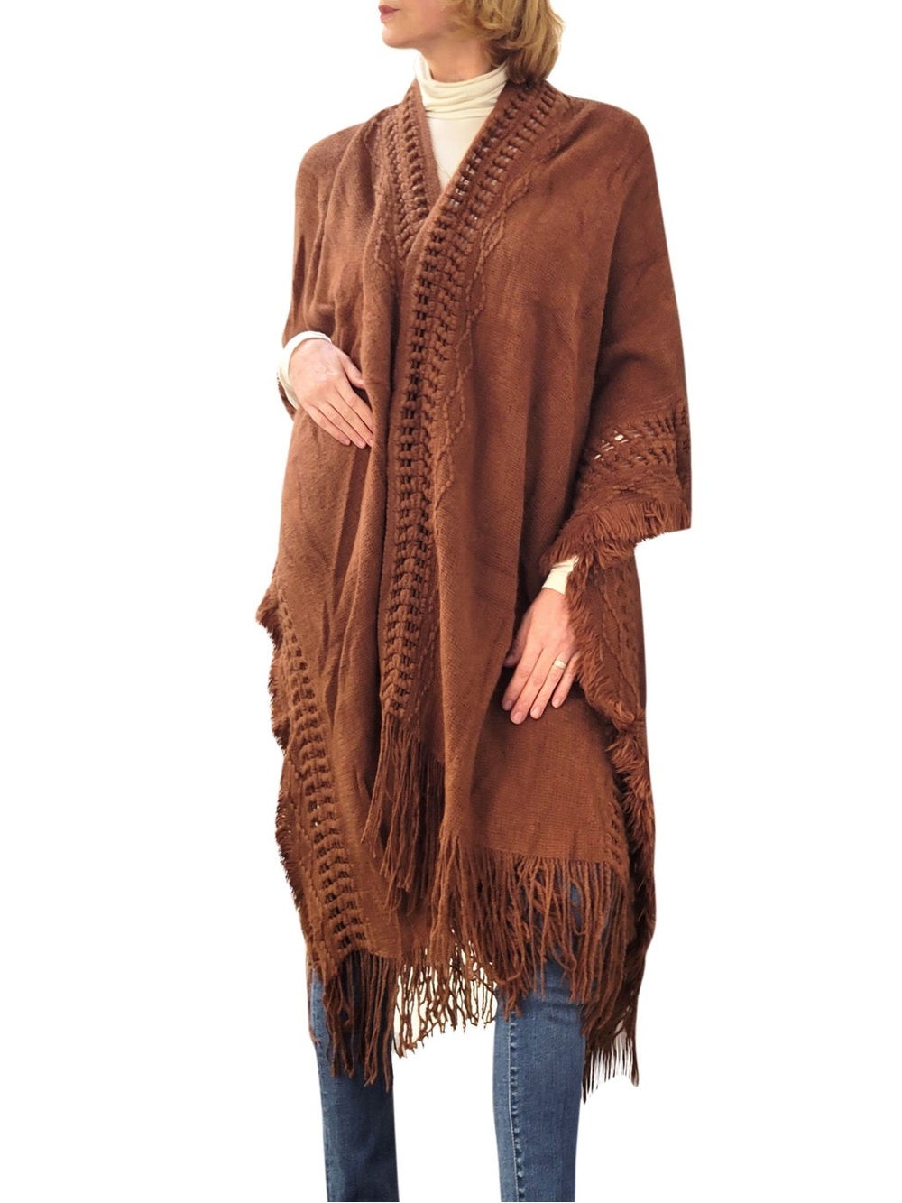 Boho Open-Front Fringe Poncho Ruana Cardigan One Size